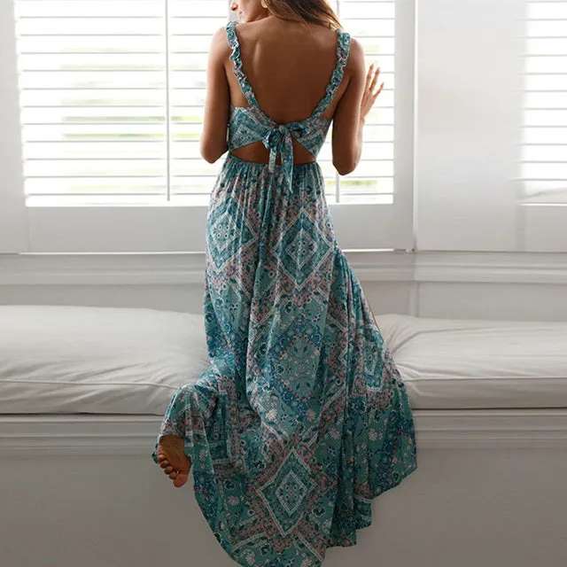Summer Floral Print Boho Dress, V-neck, Beach Long Dress