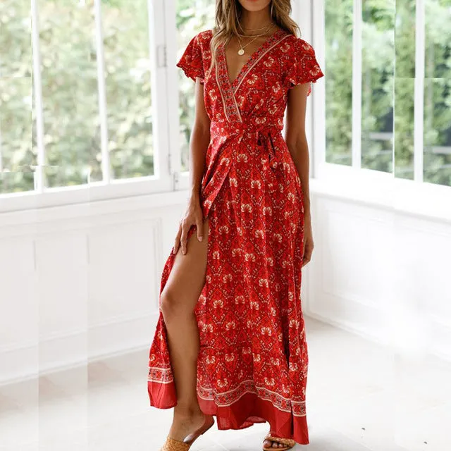 Summer Floral Print Boho Dress, V-neck, Beach Long Dress