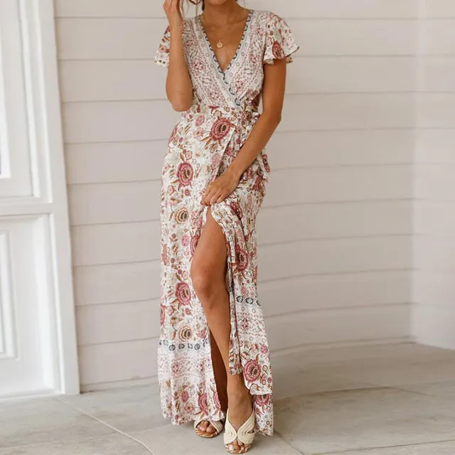 Summer Floral Print Boho Dress, V-neck, Beach Long Dress