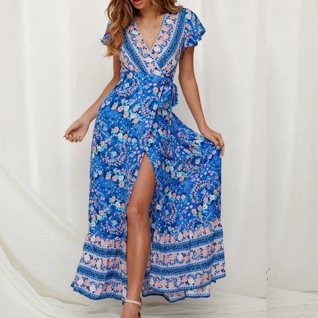 Summer Floral Print Boho Dress, V-neck, Beach Long Dress