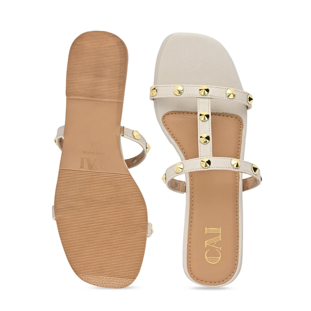 T-strap Studded Cream Flats