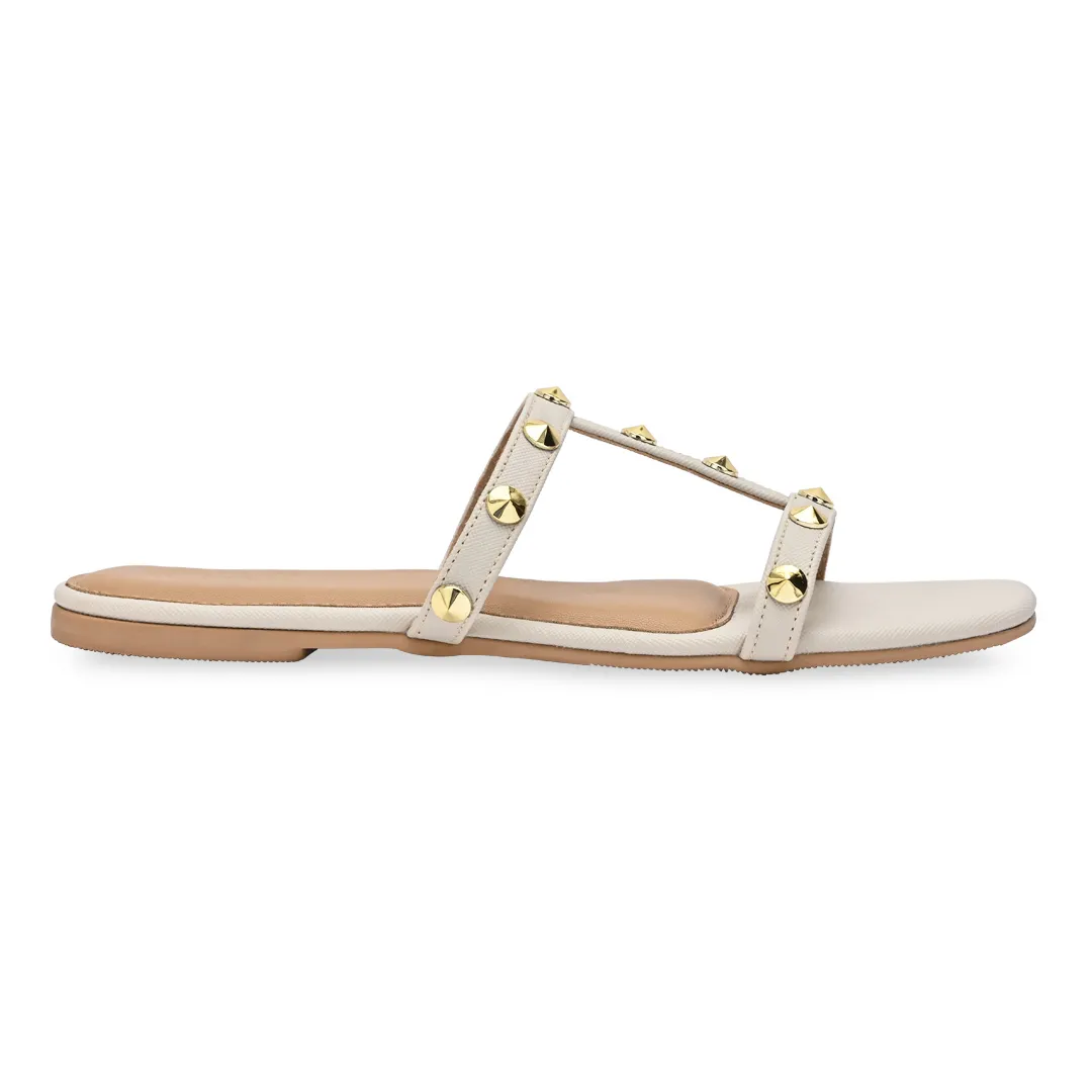 T-strap Studded Cream Flats