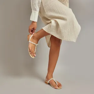 T-strap White Crystal Thong Flats