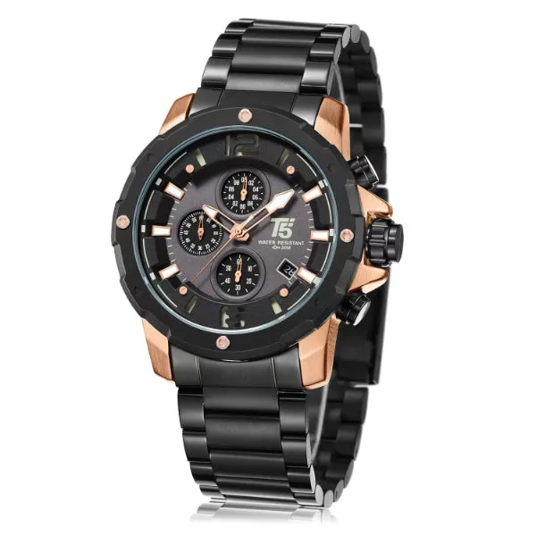 T5 Black Stainless Steel Grey Dial Chronograph Quartz Watch for Gents - H3589G-C