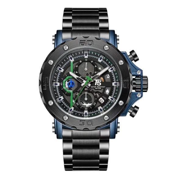 T5 Black Stainless Steel Grey Dial Chronograph Quartz Watch for Gents - H3723G-J