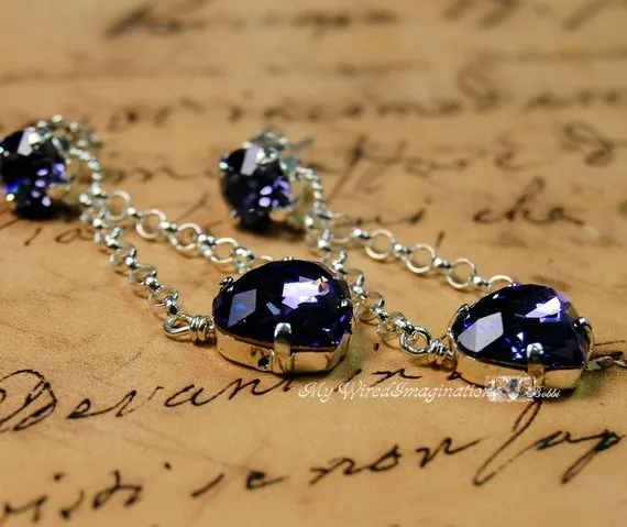 Tanzanite Handmade Earrings in Vintage Swarovski Crystal and Sterling Silver