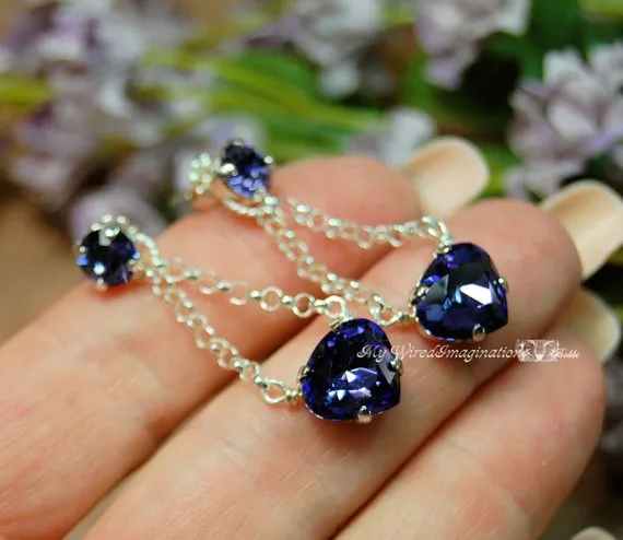 Tanzanite Handmade Earrings in Vintage Swarovski Crystal and Sterling Silver