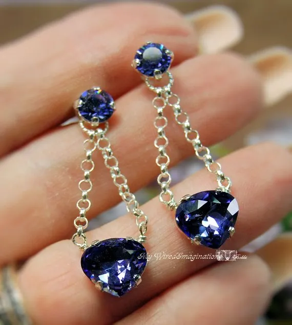 Tanzanite Handmade Earrings in Vintage Swarovski Crystal and Sterling Silver