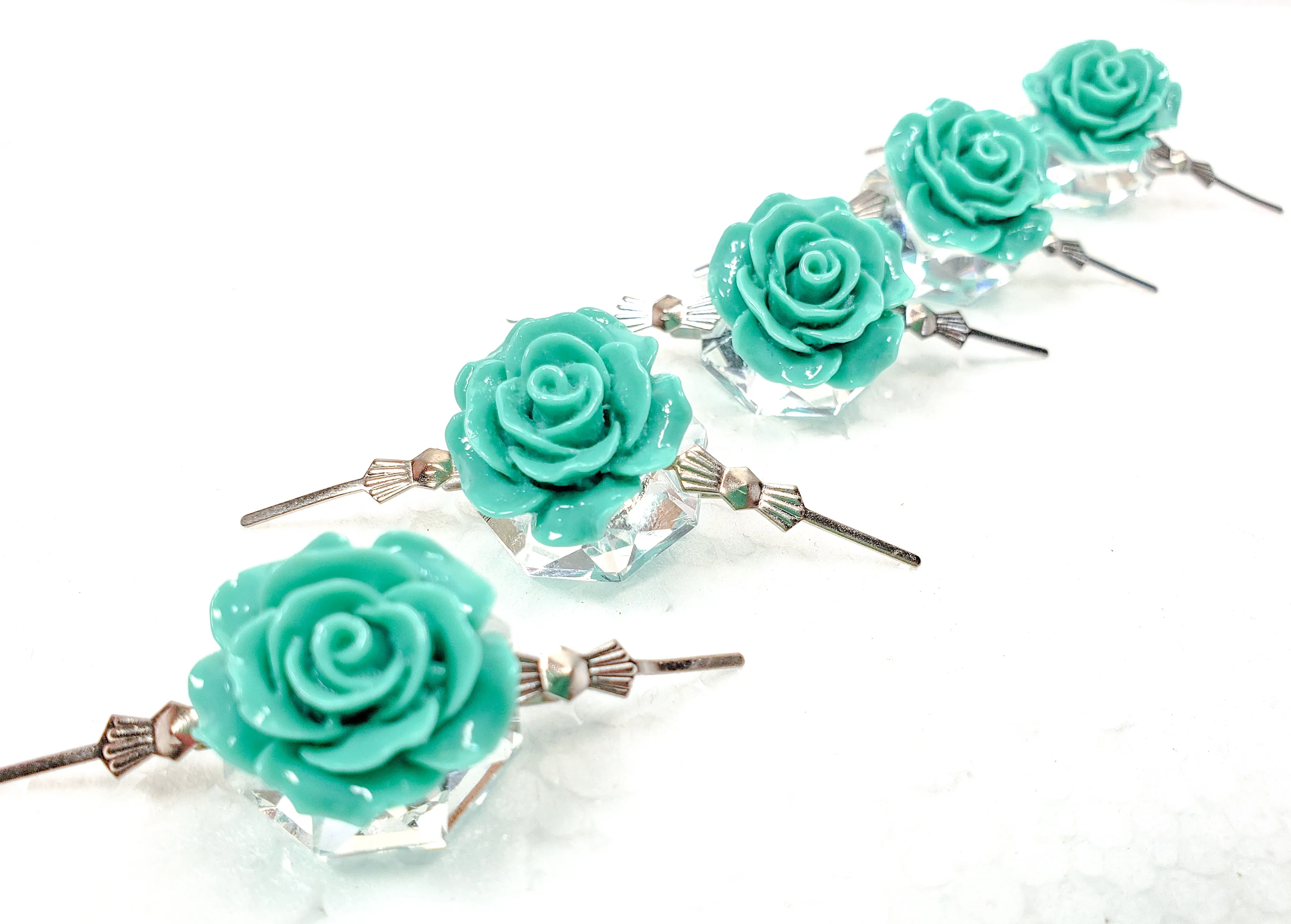 Teal Chandelier Roses Pack of 5 Crystals, Shabby Chic Rose Chandelier Decoration -81B