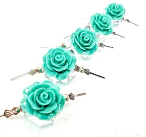 Teal Chandelier Roses Pack of 5 Crystals, Shabby Chic Rose Chandelier Decoration -81B
