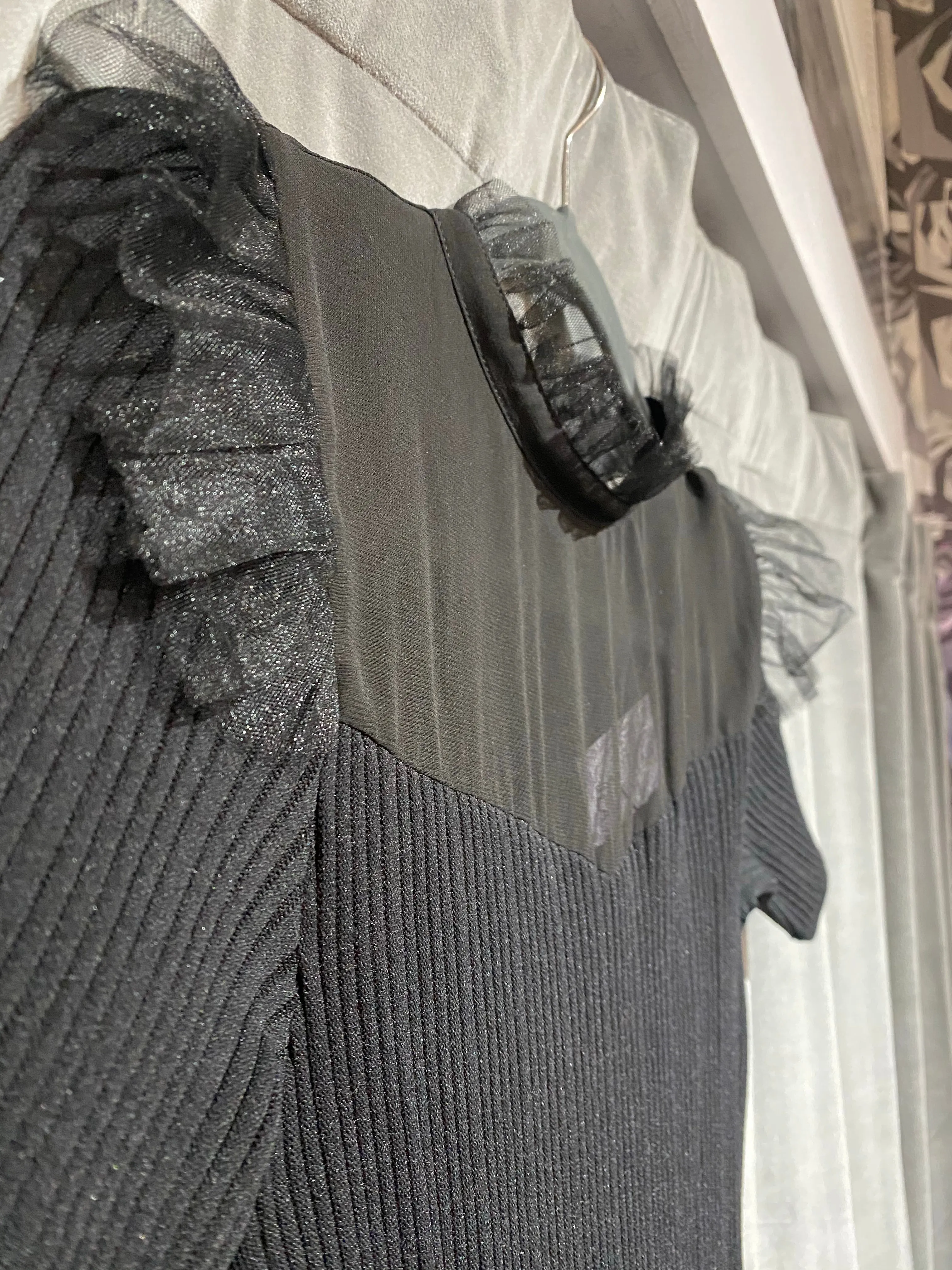 The Kooples Black Ribbed Stretch with Short Sleeve Fit and Flare Dress