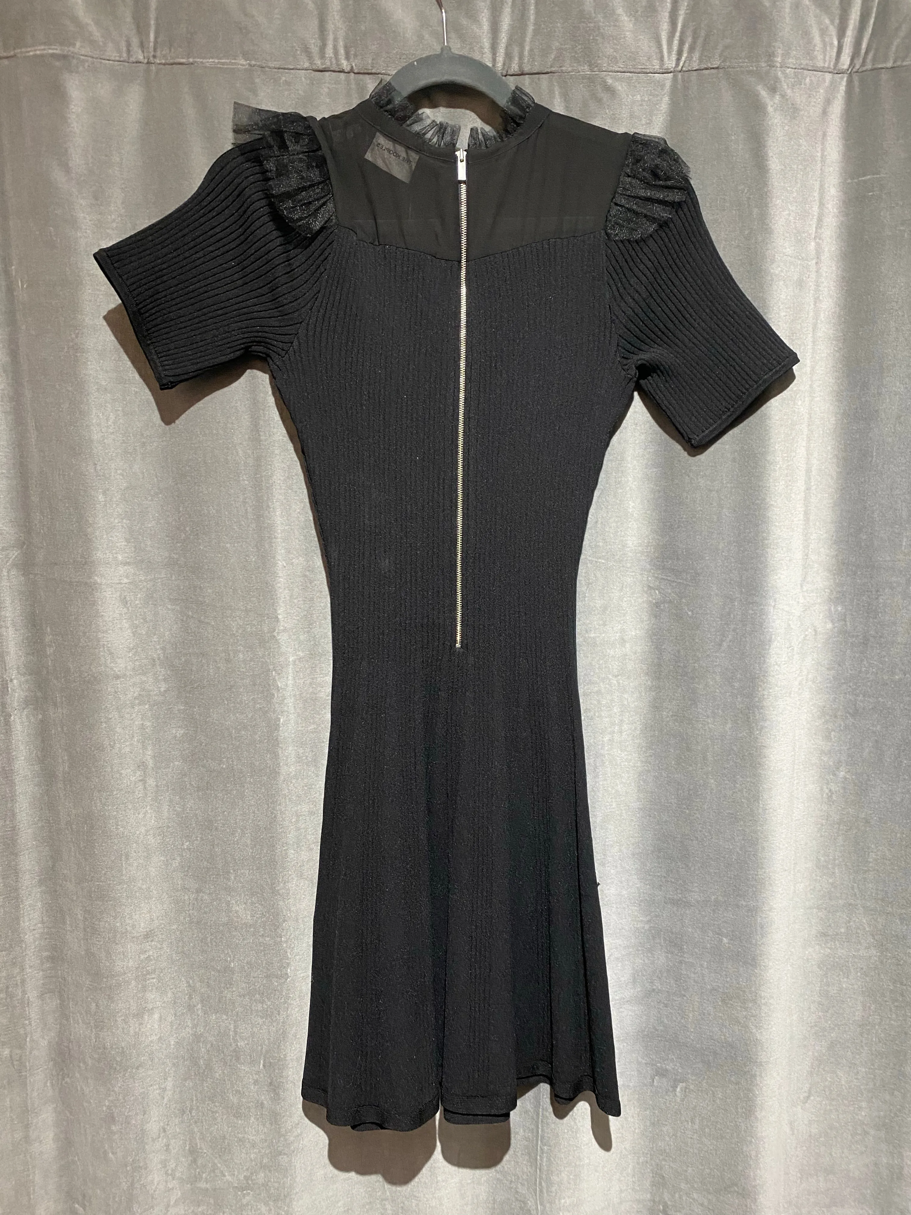 The Kooples Black Ribbed Stretch with Short Sleeve Fit and Flare Dress