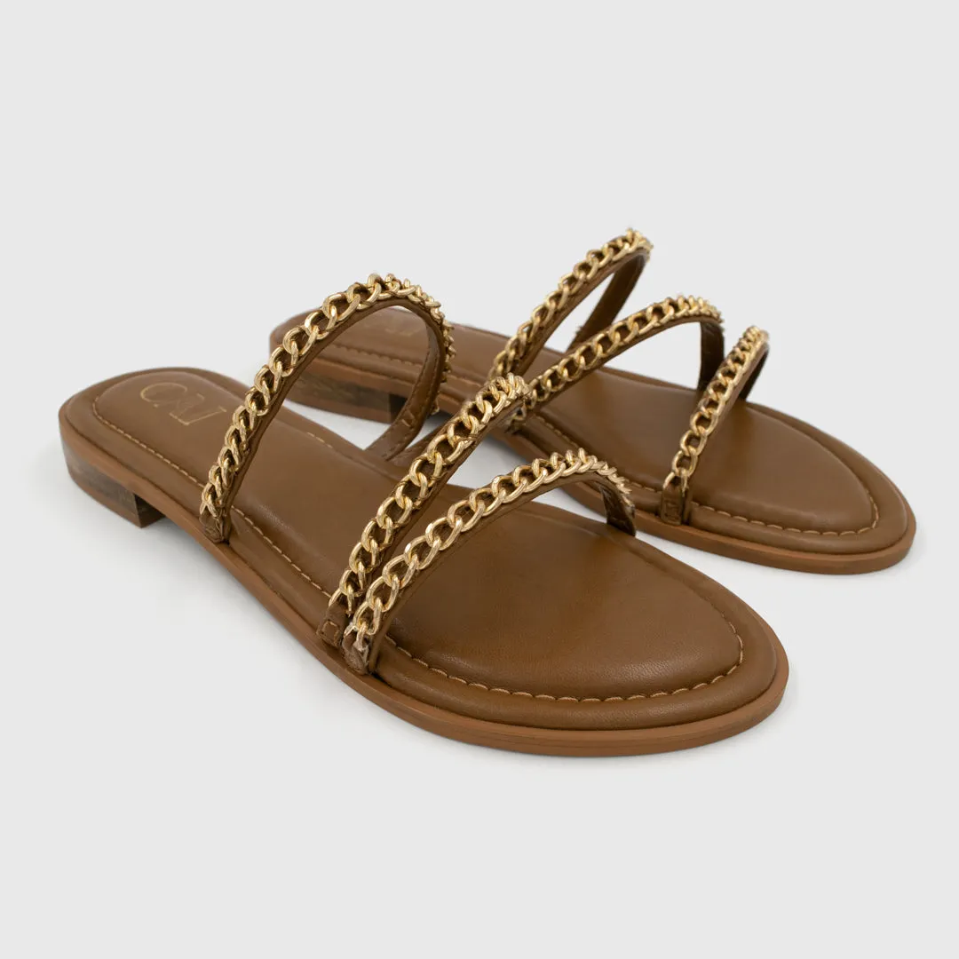 Three Strapped Tan Chained Flats