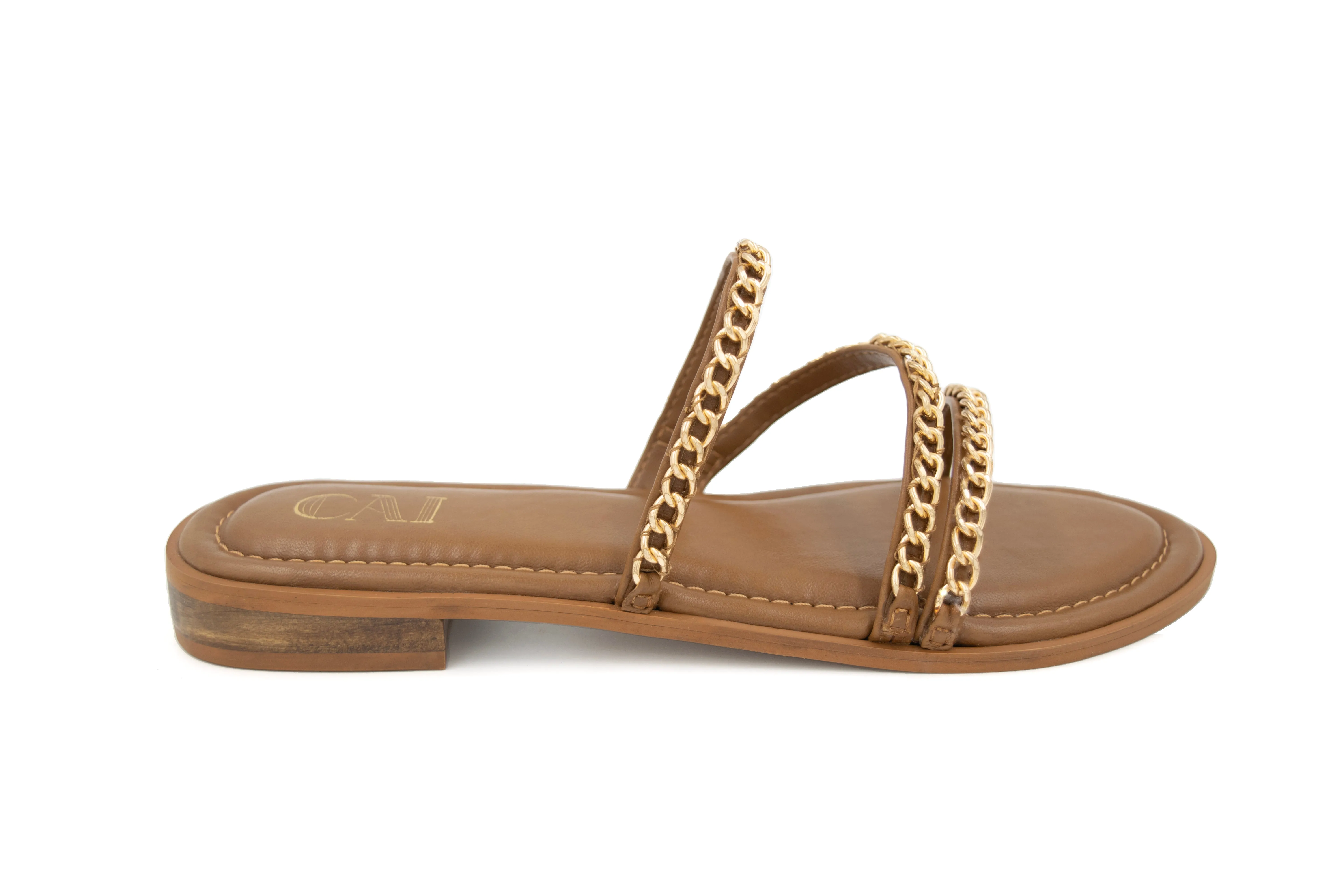 Three Strapped Tan Chained Flats