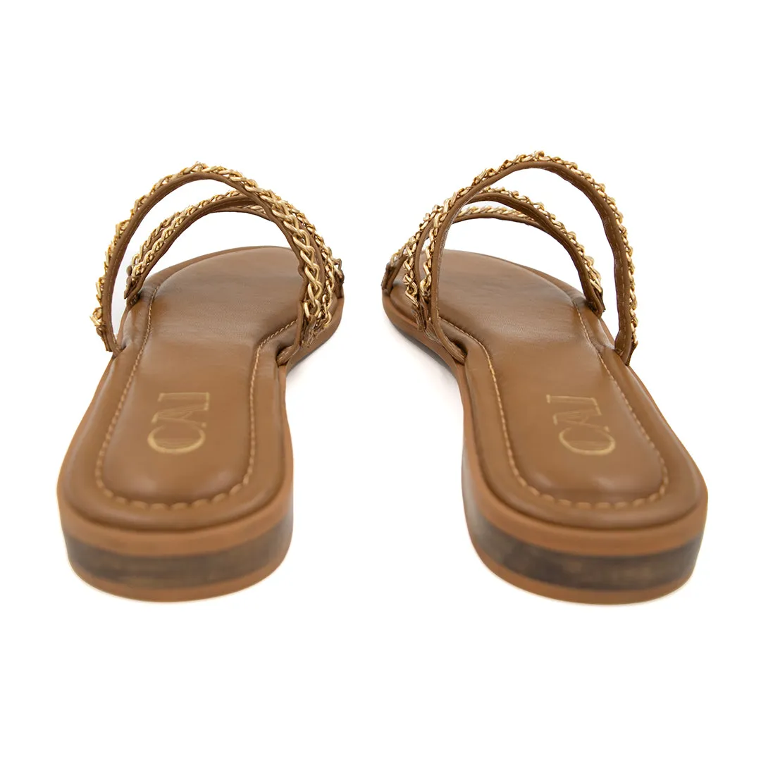 Three Strapped Tan Chained Flats