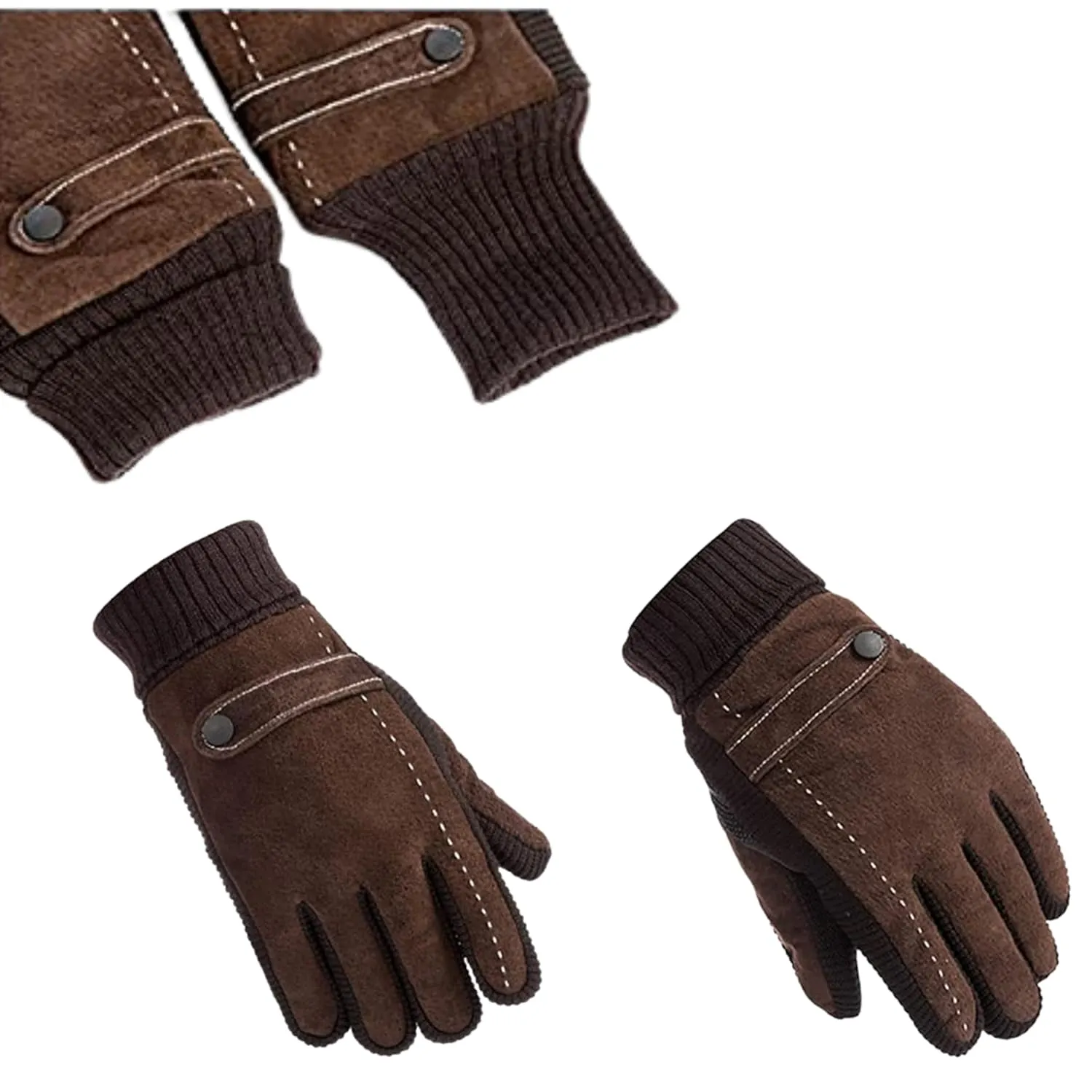 Tomorrow Men Leather Gloves, Winter Gloves for Men, Knitted Gloves for Men, Ribbed Cuffs, Men Gloves with Leather Stitched Design, Warm Gloves for Men, Men Thermal Gloves