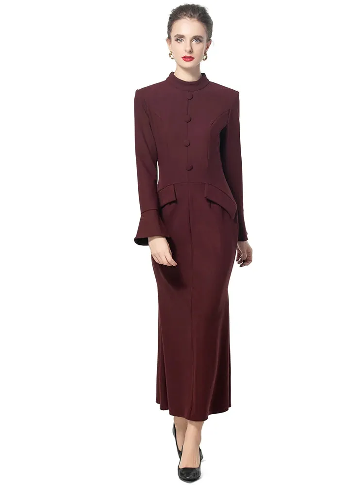 Tonia  Stand Collar Flare Sleeve Mermaid Dress