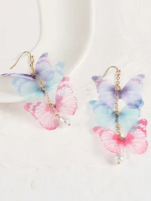 Tri Color Butterfly Chain Dangle Earrings, Chiffon Realistic Butterfly Earrings, Cute Silk Butterfly Wing Earrings