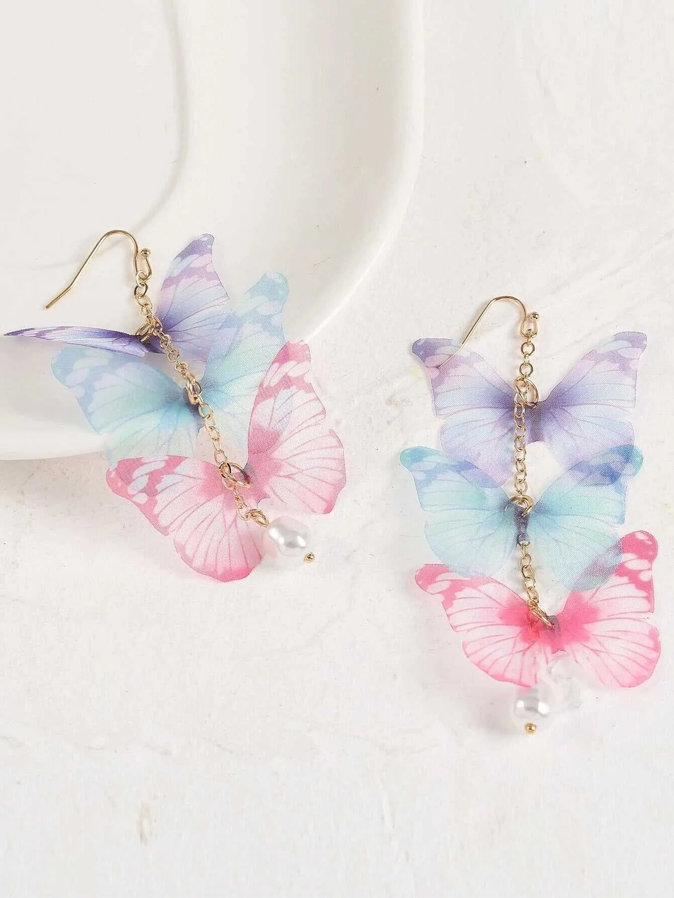Tri Color Butterfly Chain Dangle Earrings, Chiffon Realistic Butterfly Earrings, Cute Silk Butterfly Wing Earrings