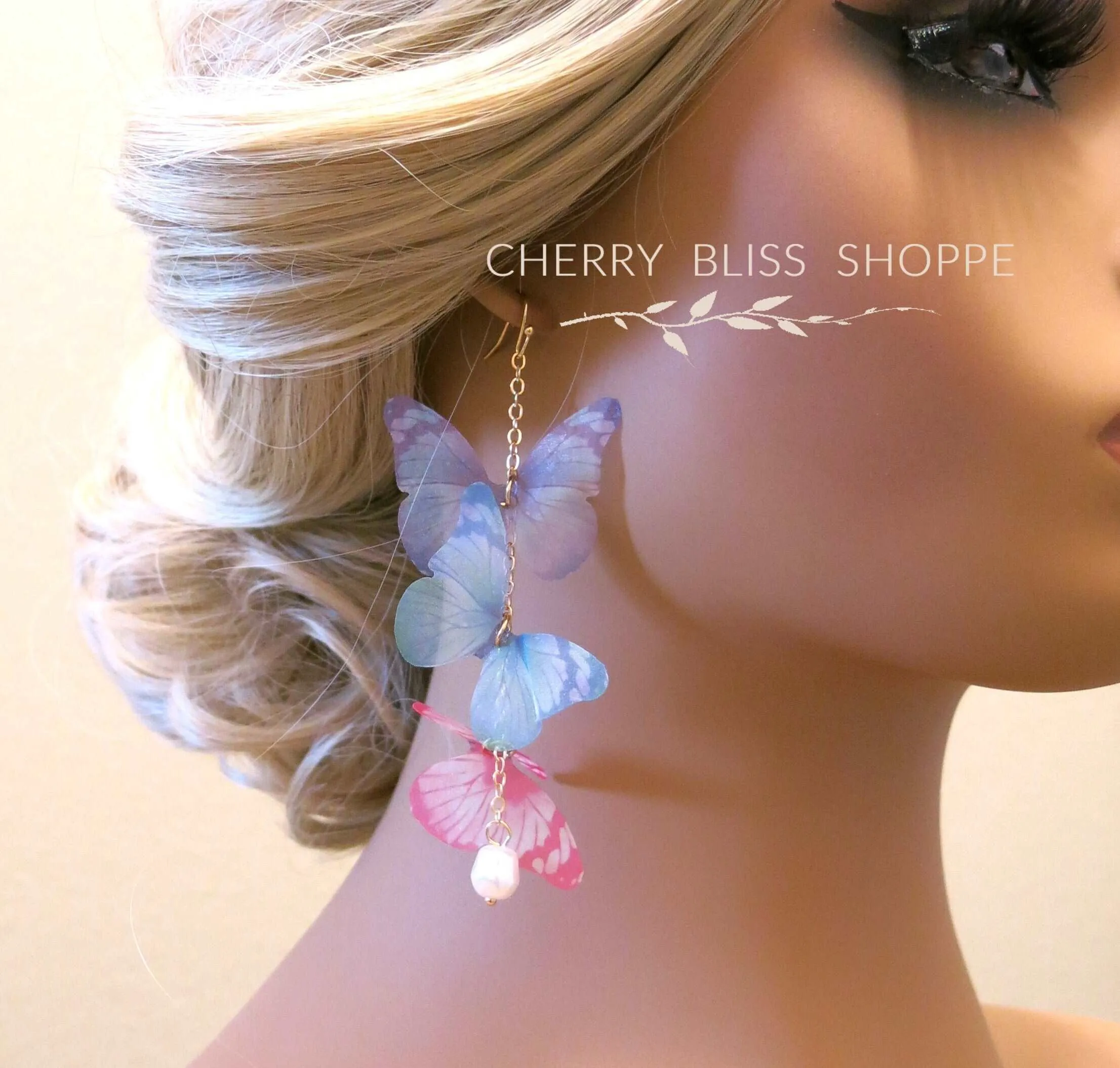 Tri Color Butterfly Chain Dangle Earrings, Chiffon Realistic Butterfly Earrings, Cute Silk Butterfly Wing Earrings