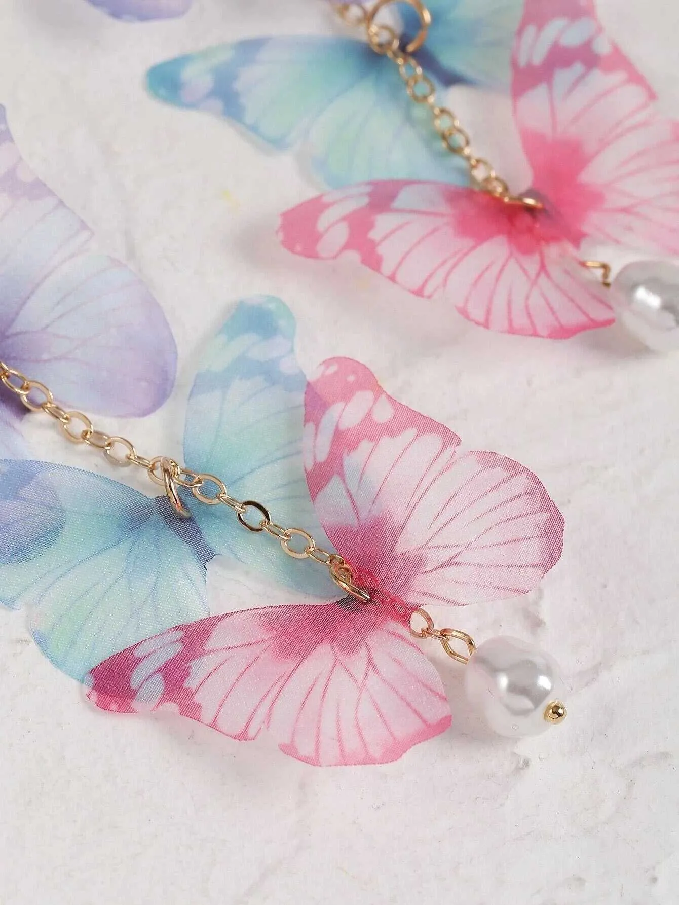 Tri Color Butterfly Chain Dangle Earrings, Chiffon Realistic Butterfly Earrings, Cute Silk Butterfly Wing Earrings