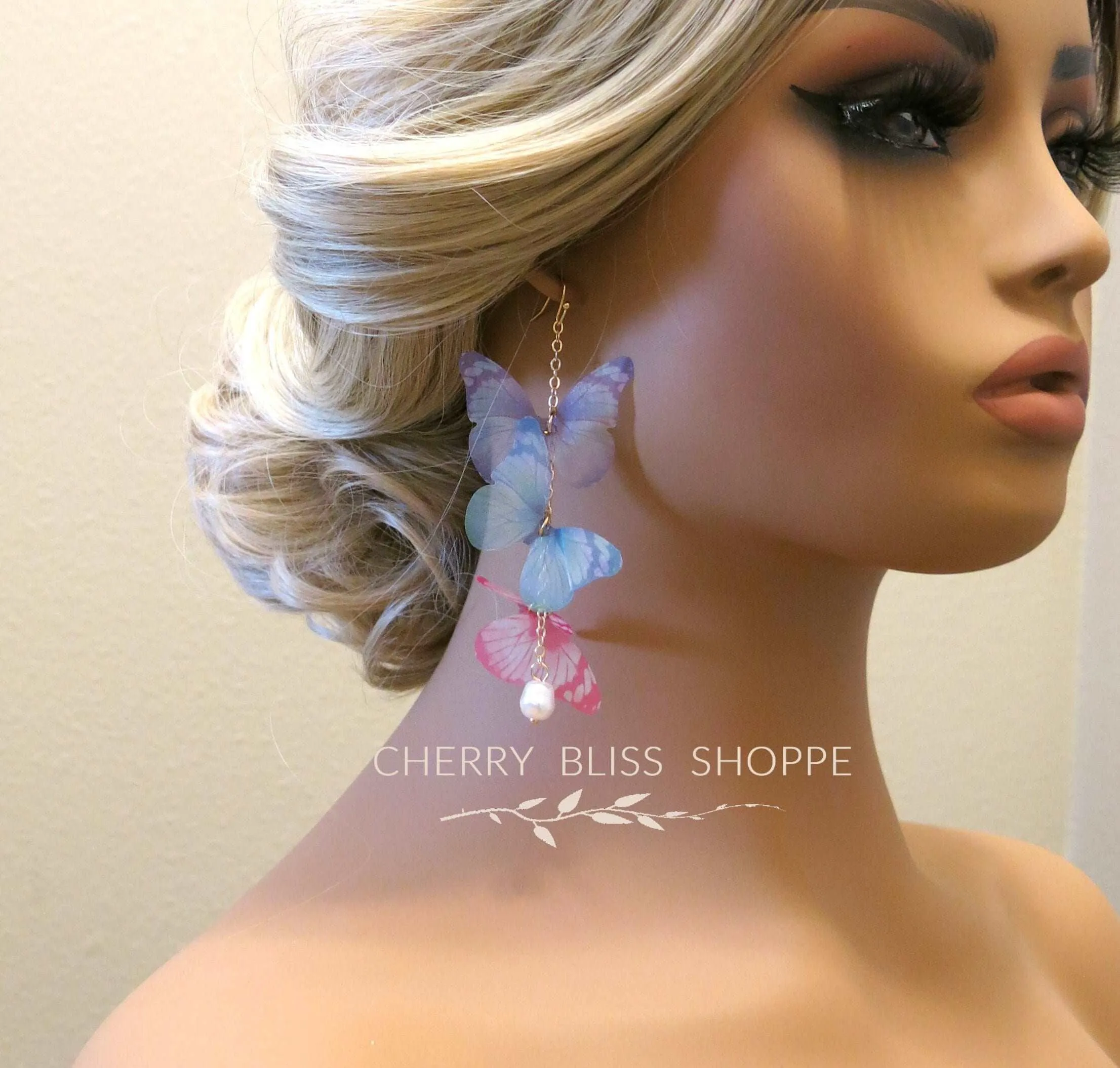 Tri Color Butterfly Chain Dangle Earrings, Chiffon Realistic Butterfly Earrings, Cute Silk Butterfly Wing Earrings