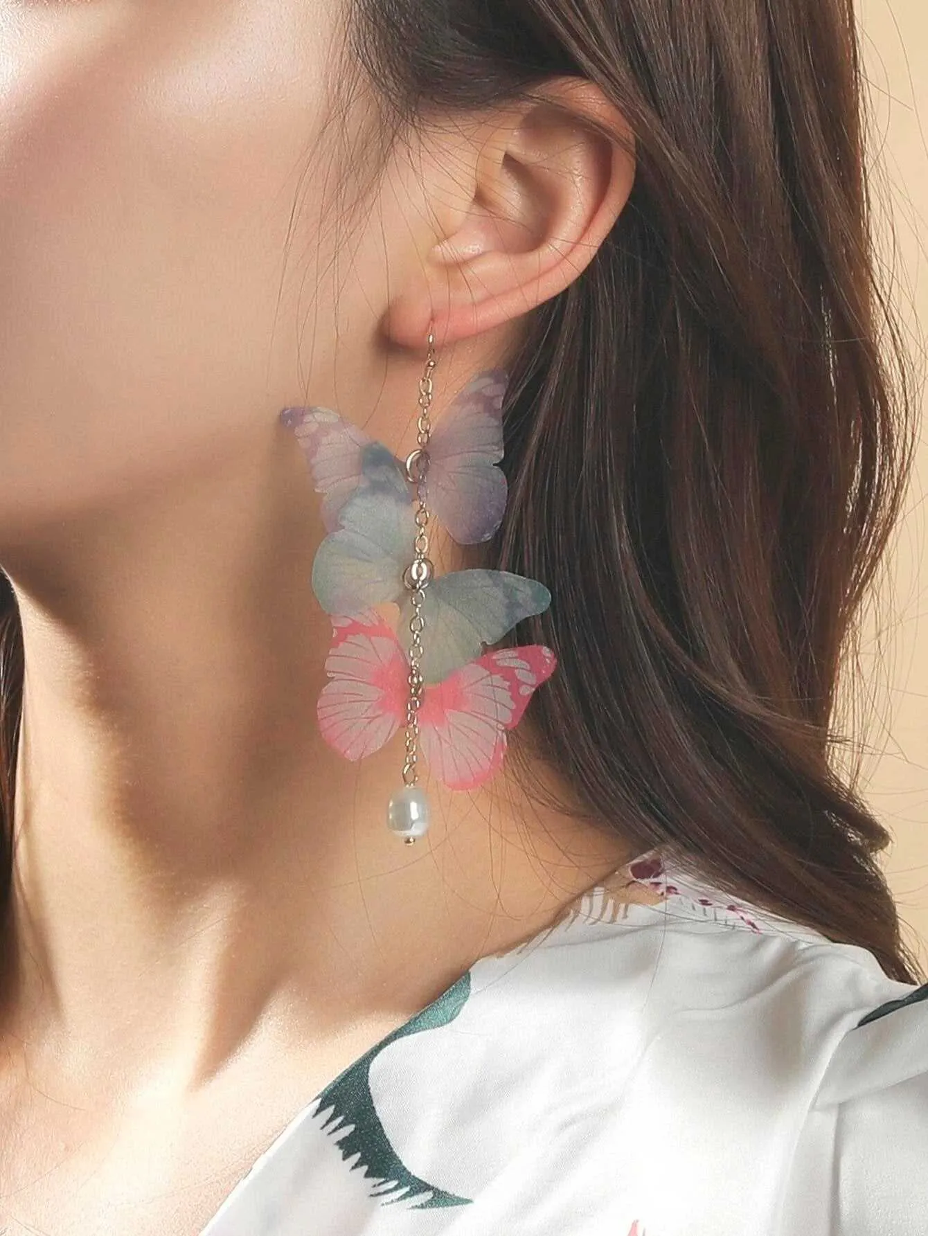 Tri Color Butterfly Chain Dangle Earrings, Chiffon Realistic Butterfly Earrings, Cute Silk Butterfly Wing Earrings