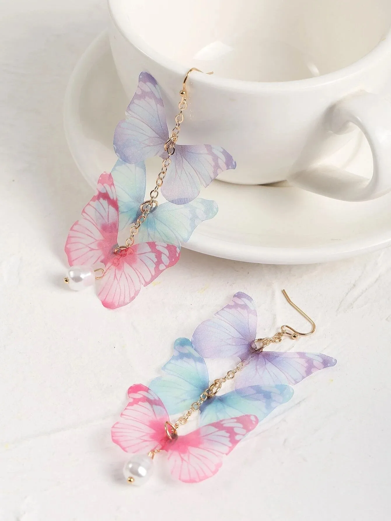 Tri Color Butterfly Chain Dangle Earrings, Chiffon Realistic Butterfly Earrings, Cute Silk Butterfly Wing Earrings