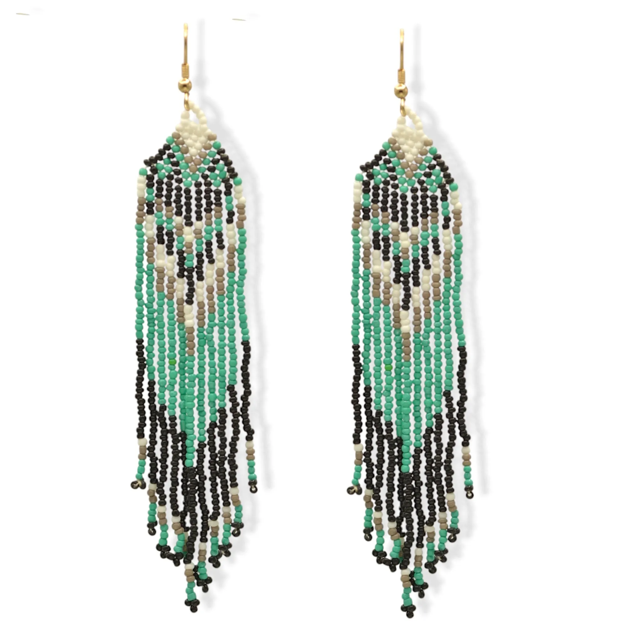 Turquoise, Black, and White Bohemian Seed Bead Long Tassel Earrings #SH-ER-1198
