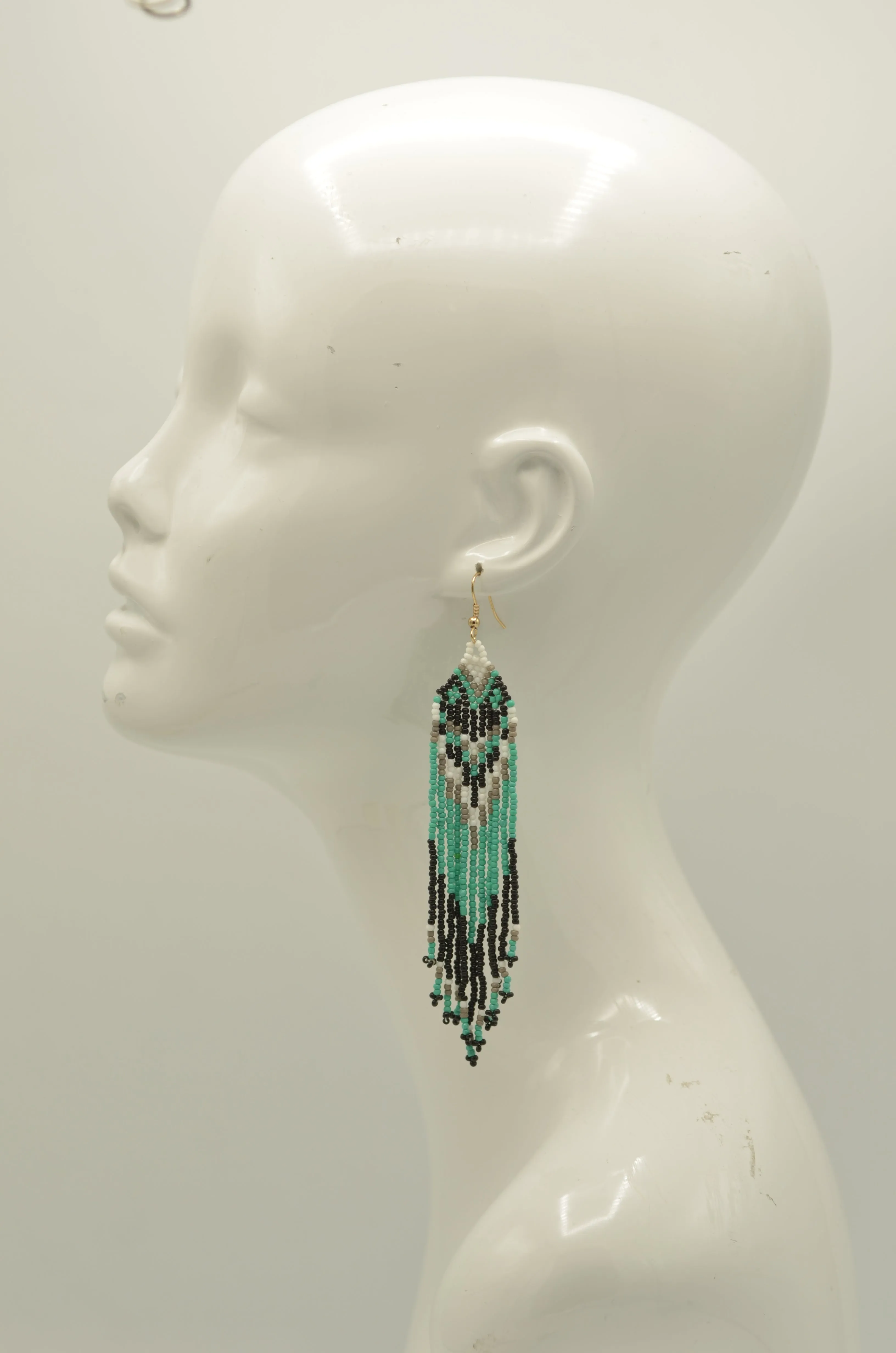 Turquoise, Black, and White Bohemian Seed Bead Long Tassel Earrings #SH-ER-1198