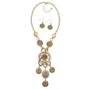 TWO-TONE FLOWER CHANDELIER NECKLACE AND EARRINGS SET#HNN E86986TWO