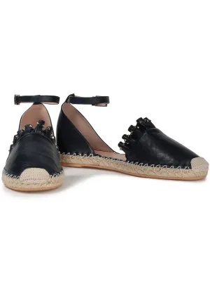 VALENTINO GARAVANI - ROCKSTUD RUFFLE TRIM NAVY BLUE LEATHER ESPADRILLES - SZ 38 - NEW IN BOX