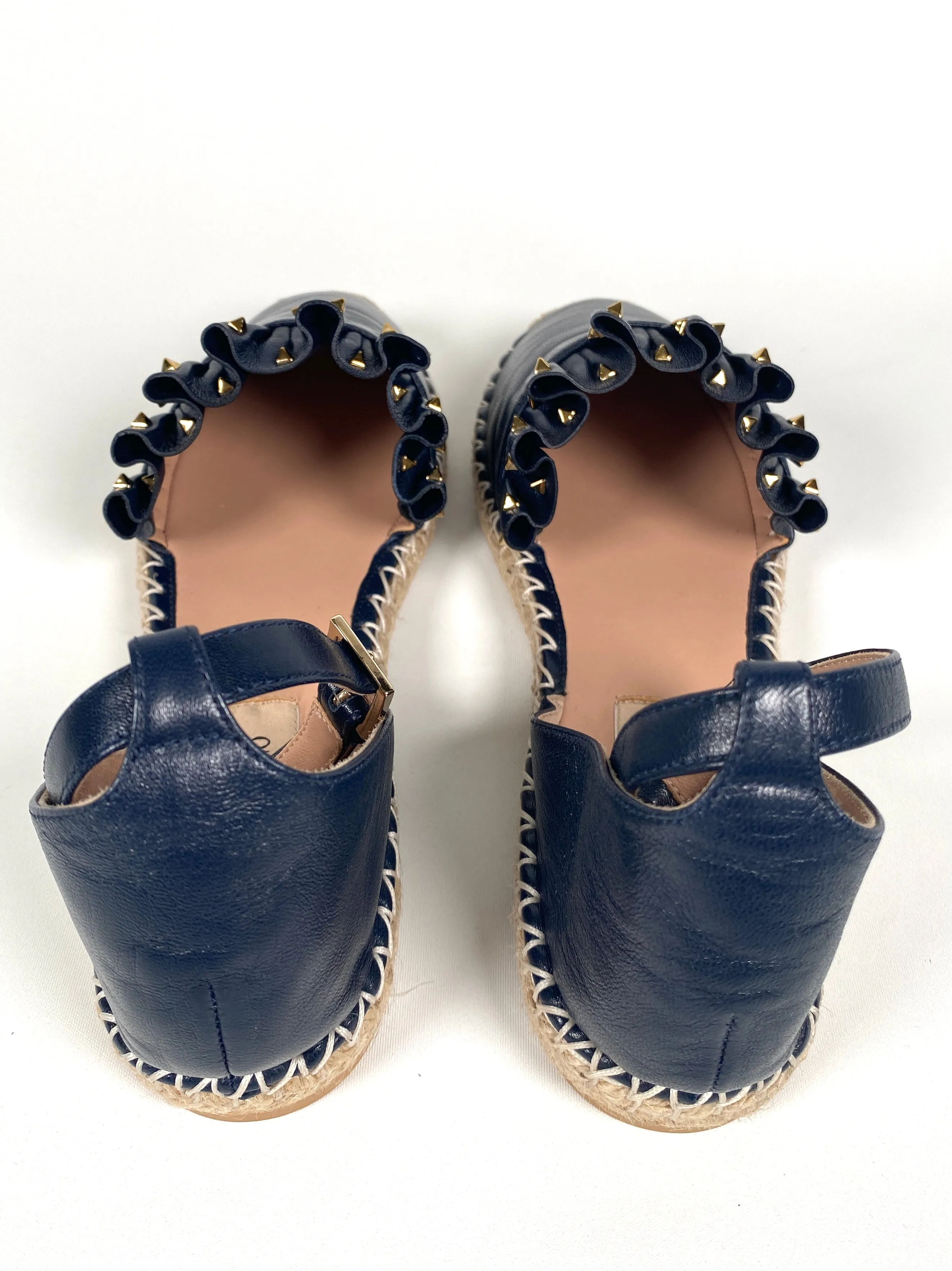 VALENTINO GARAVANI - ROCKSTUD RUFFLE TRIM NAVY BLUE LEATHER ESPADRILLES - SZ 38 - NEW IN BOX