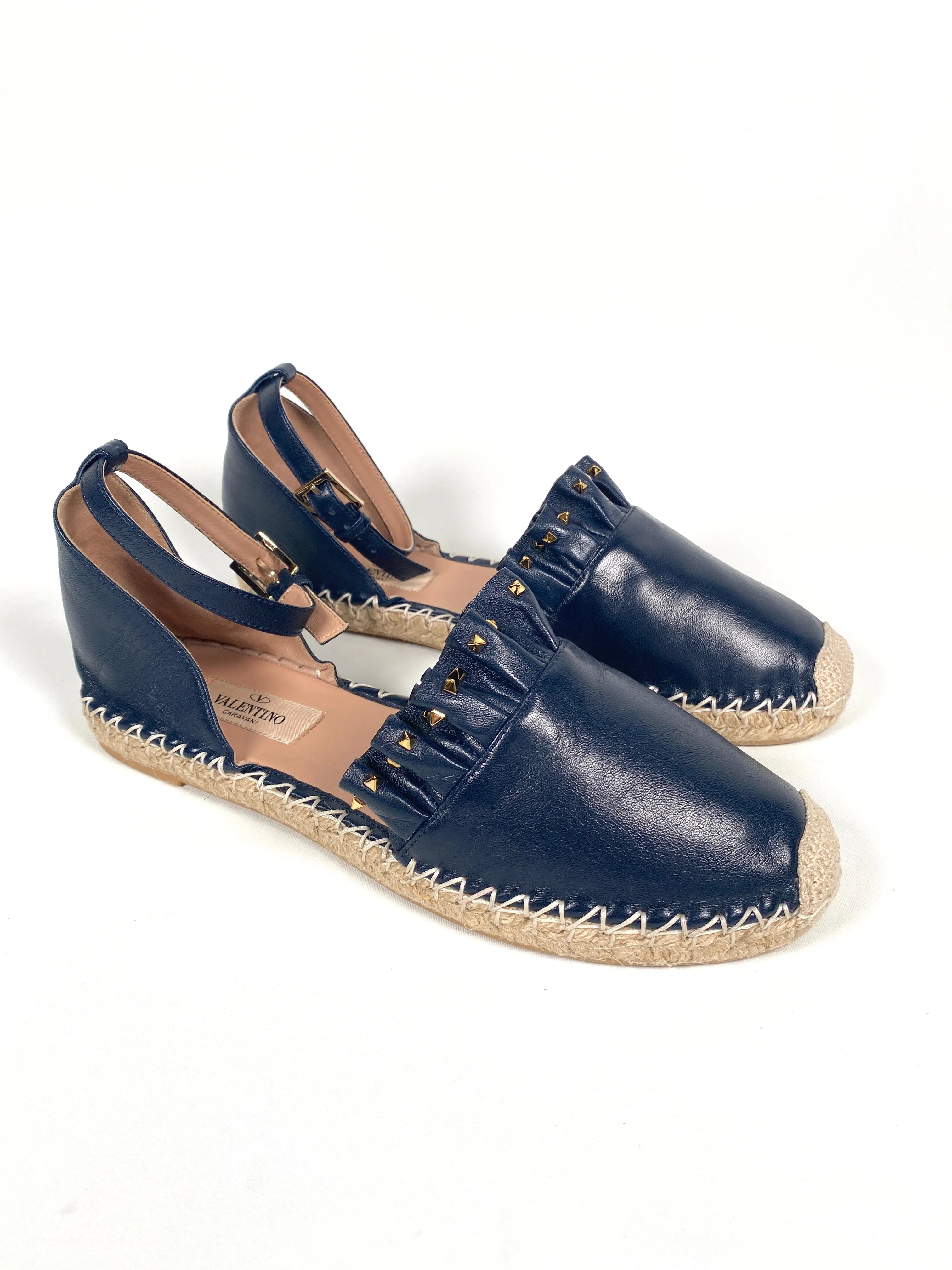 VALENTINO GARAVANI - ROCKSTUD RUFFLE TRIM NAVY BLUE LEATHER ESPADRILLES - SZ 38 - NEW IN BOX