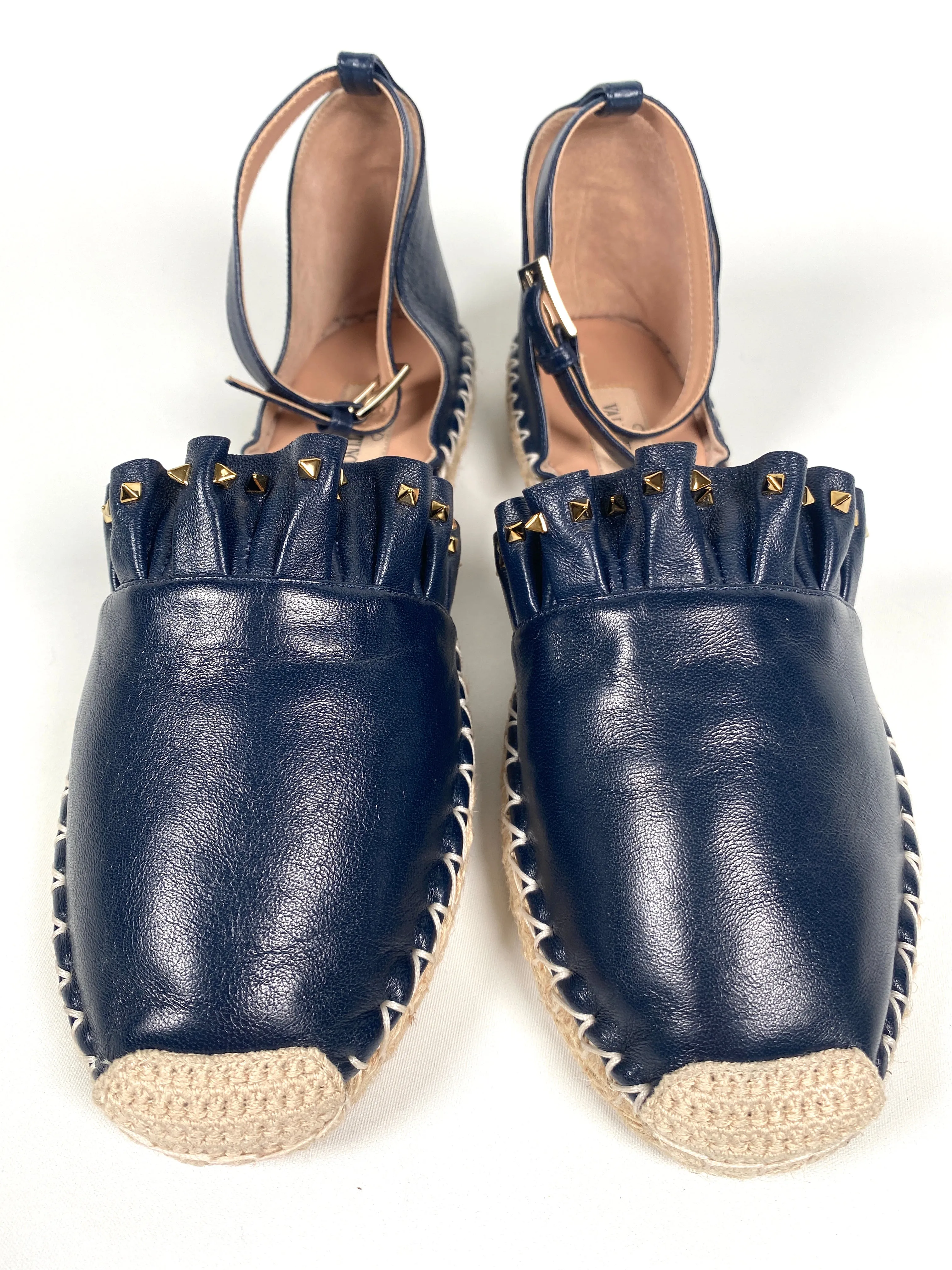VALENTINO GARAVANI - ROCKSTUD RUFFLE TRIM NAVY BLUE LEATHER ESPADRILLES - SZ 38 - NEW IN BOX
