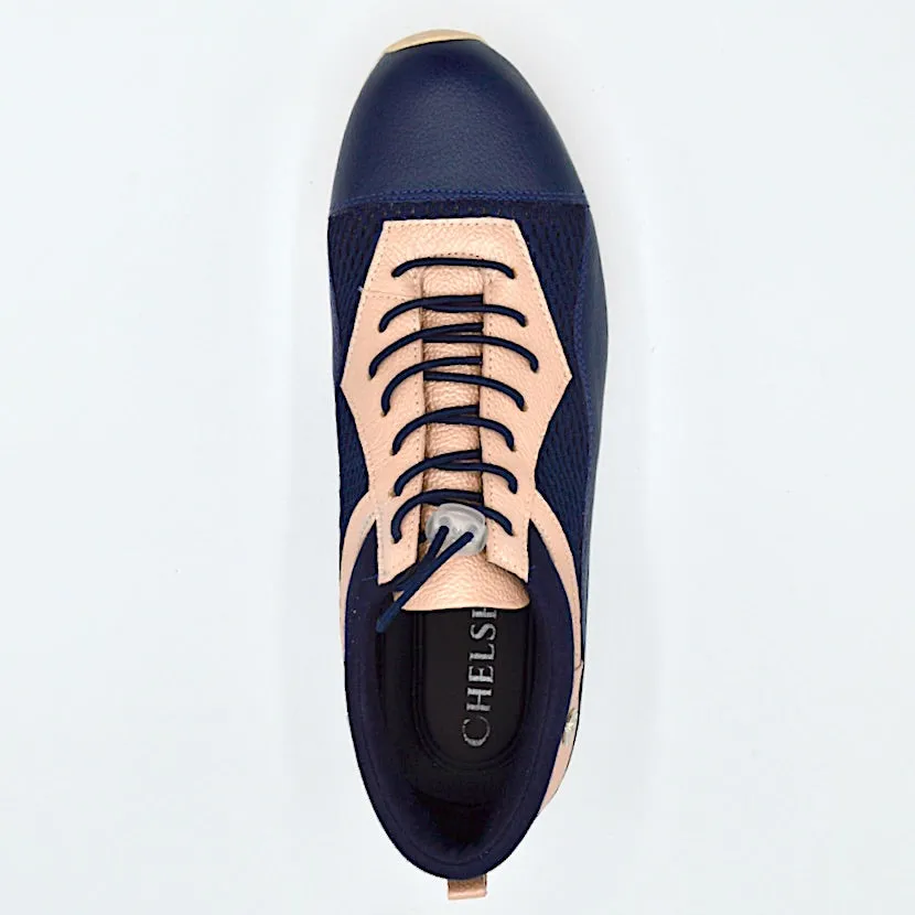 VERSE ELEVATED TRAINER - NAVY BLUE & ROSEGOLD LEATHER/MESH