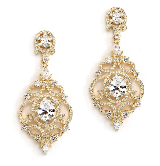 Victorian Scrolls 14K Gold Plated CZ Chandelier Earrings