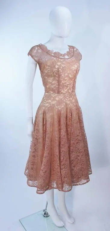VINTAGE Circa 1950s Peach Lace Chiffon Cocktail Dress Size 8