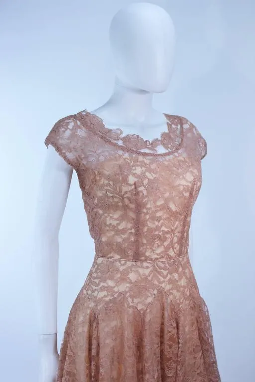 VINTAGE Circa 1950s Peach Lace Chiffon Cocktail Dress Size 8