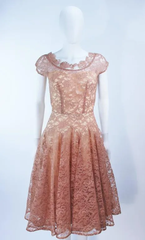 VINTAGE Circa 1950s Peach Lace Chiffon Cocktail Dress Size 8