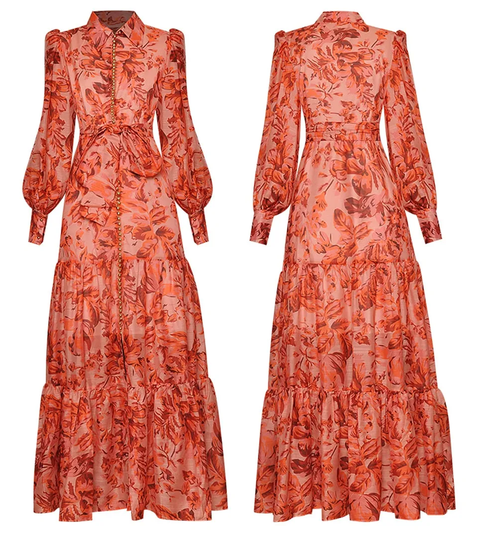 Vintage Elegant Lapel Long Sleeve Button Printing Party Dress