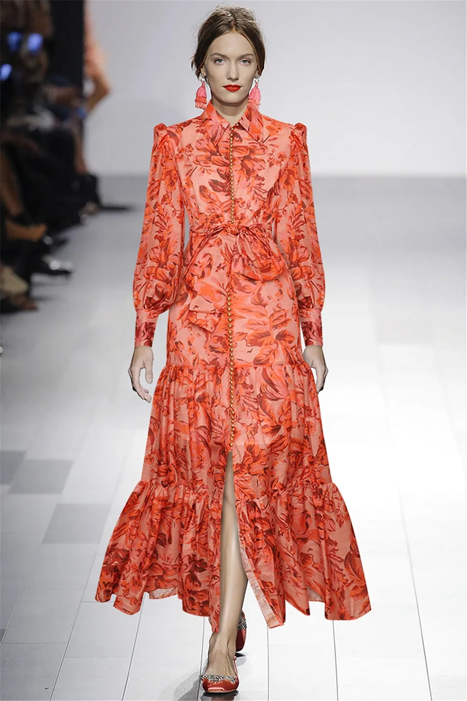Vintage Elegant Lapel Long Sleeve Button Printing Party Dress