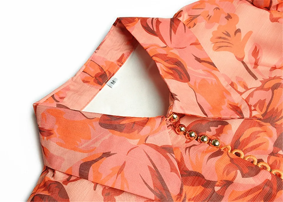 Vintage Elegant Lapel Long Sleeve Button Printing Party Dress
