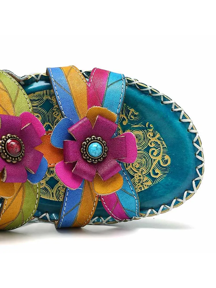 Vintage Embossing Flowers Leather Stitching Sandals