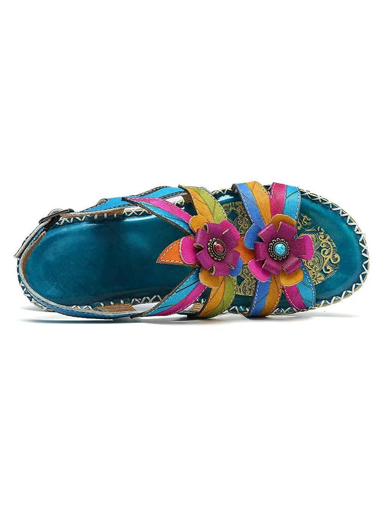 Vintage Embossing Flowers Leather Stitching Sandals