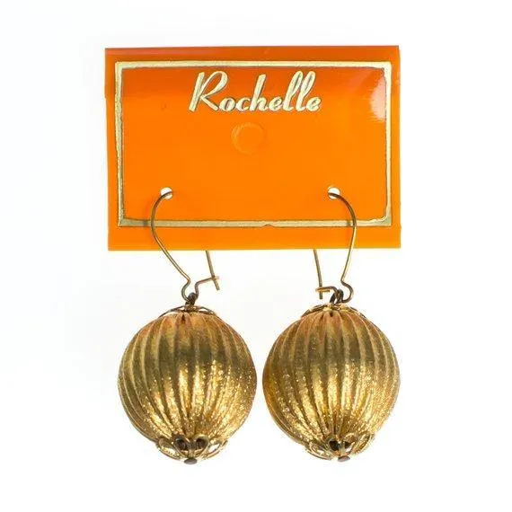 Vintage Rochelle Gold Round Fluted Bead Statement Earrings Piereced New Old Stock 1970s