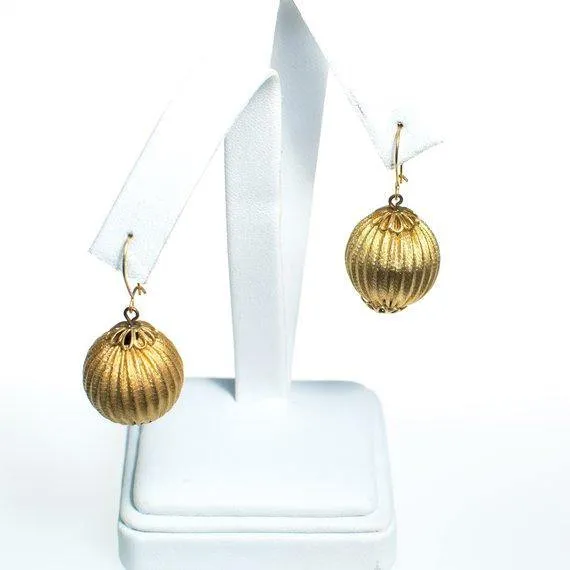 Vintage Rochelle Gold Round Fluted Bead Statement Earrings Piereced New Old Stock 1970s