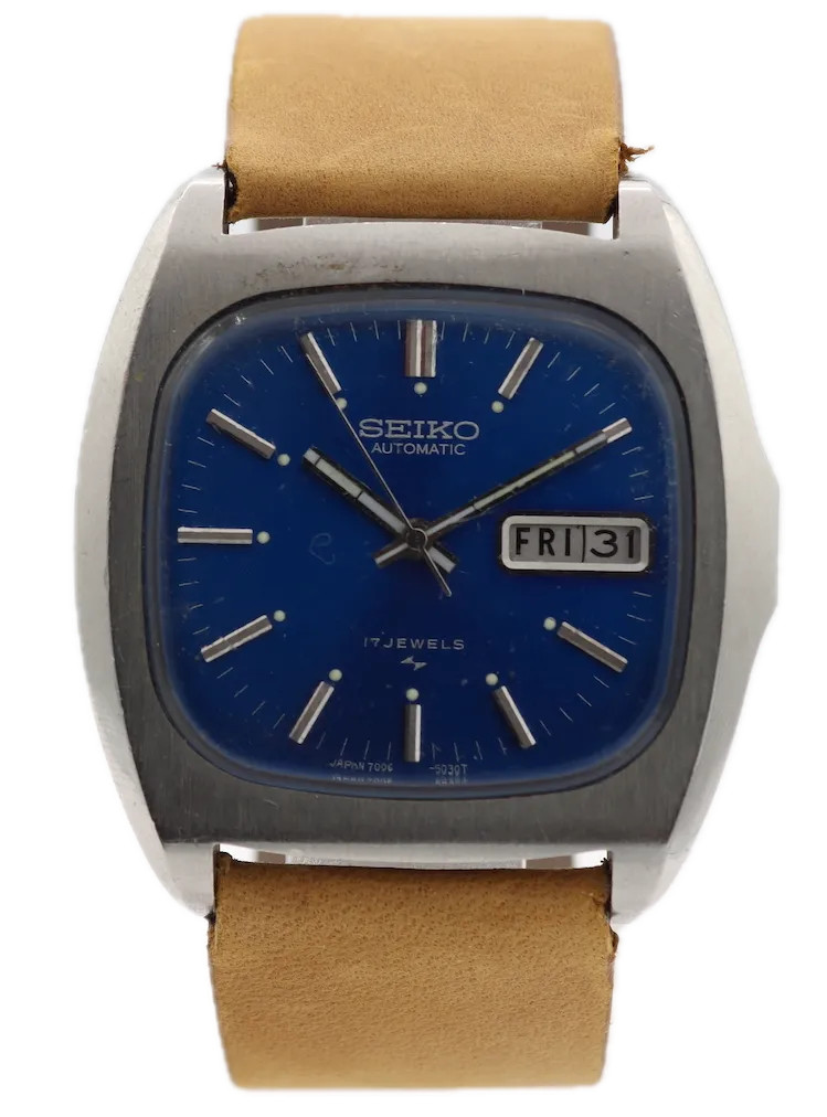 Vintage Seiko 7006-5019 Blue TV Day Date Men's Automatic Wristwatch Japan Steel