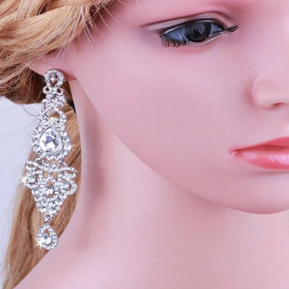 Vintage Style Long Chandelier Bridal Earrings, Rhinestone Crystal Long Wedding Earrings, Bling Prom Earrings, Bridal Wedding Jewelry
