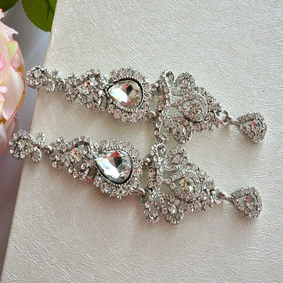 Vintage Style Long Chandelier Bridal Earrings, Rhinestone Crystal Long Wedding Earrings, Bling Prom Earrings, Bridal Wedding Jewelry
